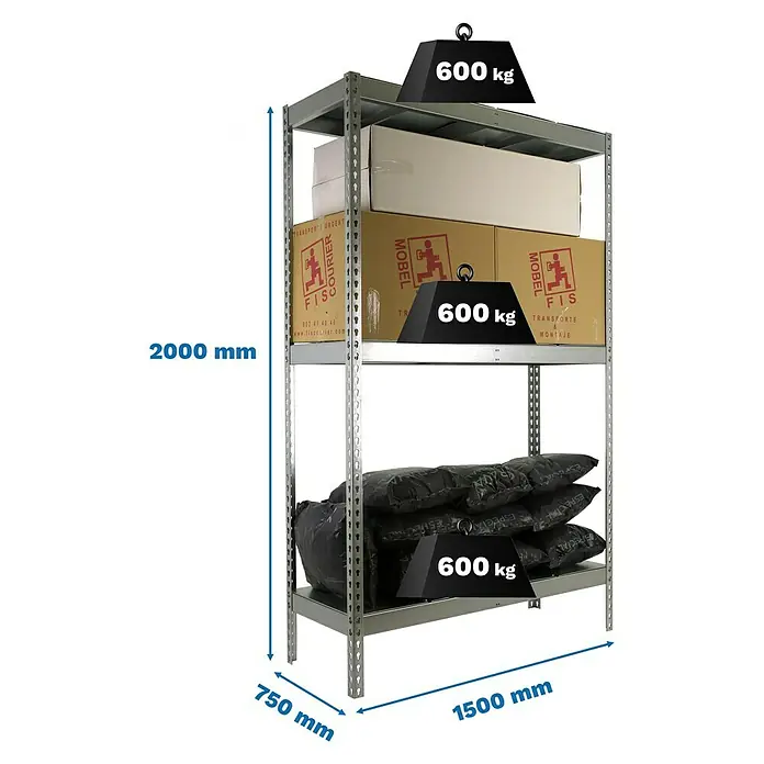Simonrack Simonforte Schwerlastregal Simonforte Metall - H x B x T: 200 x 150 x 75 cm, Traglast pro Boden: 600 kg, Anzahl Böden: 3 Stk., Stecken, Silber/Silber - Ein robustes Metallregal mit drei Ebenen, beladen mit Kartons und schweren Säcken, wobei jede Ebene mit "600 kg" gekennzeichnet ist.