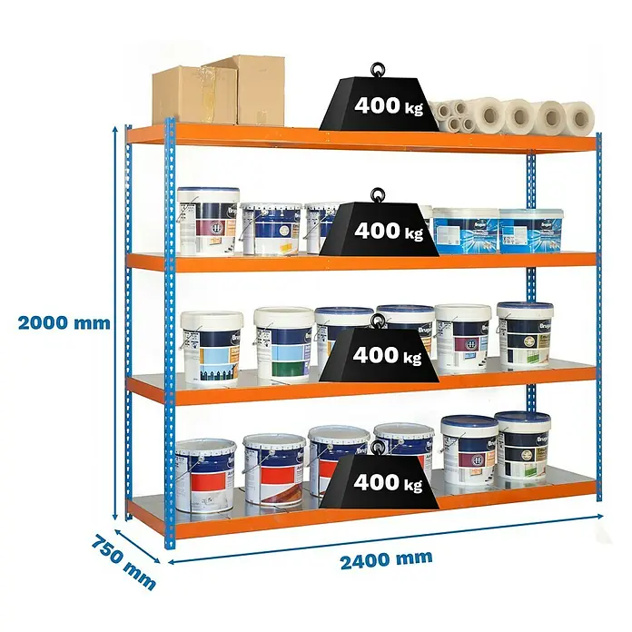 Simonrack Simonforte Schwerlastregal Simonforte Metall - H x B x T: 200 x 240 x 75 cm, Traglast pro Boden: 600 kg, Anzahl Böden: 4 Stk., Stecken, Blau/Orange/Silber - Produktfoto eines Schwerlastregals mit vier Ebenen, beladen mit Farbeimern und Kartons, versehen mit Gewichtsangaben.