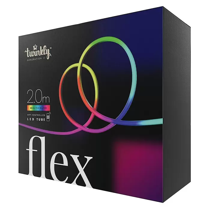 Twinkly Tira de luces LED Flex - Largo: 2 m, Color de luz: RGB, 15 W - Caja de producto negra para el tubo LED multicolor Twinkly Flex de 2,0m controlado por app, con una luz enrollada vibrante en el frente.