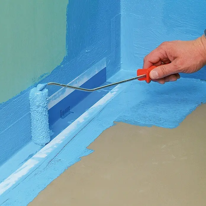 Knauf Flächendichtband - 50 m - Nahaufnahme einer Person, die mit einer Farbwalze und blauer Farbe einen wasserdichten Anstrich in einer Dusche aufträgt.