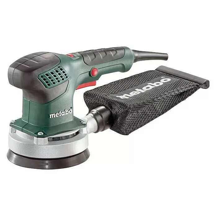 Metabo Lijadora excéntrica eléctrica SXE 3125 - 310 W, Diámetro disco de lija: 125 mm - Lijadora orbital aleatoria Metabo verde y negra con base plateada y bolsa de polvo de malla negra.