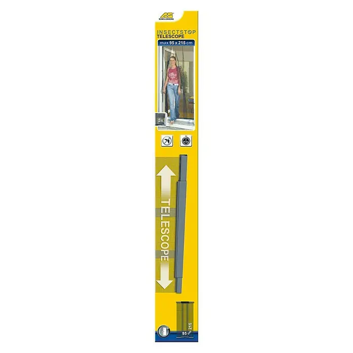 Schellenberg Cortina con protección contra insectos - An x Al: 70 x 220 cm, Montaje de la mosquitera: Pegado - Embalaje de una mosquitera Schellenberg con función telescópica, ideal para puertas de hasta máx. 95 x 215 cm.
