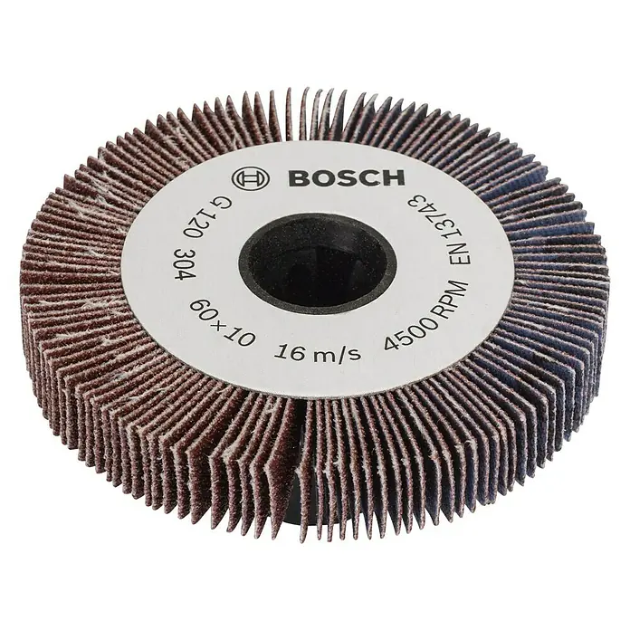 Bosch Rodillo de lija multihoja LR10 - Ancho: 10 mm, Diámetro: 10 mm, Grano: 120 mm - La imagen muestra un disco de láminas Bosch G120 304 con dimensiones 60x10 mm, una velocidad máxima de 4500 RPM y 16 m/s.