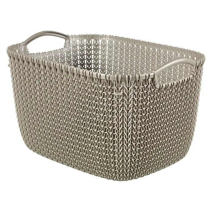 Curver Knit Cesto de cuero para la leña - Marrón, 19 l, Plástico - Cesta de almacenamiento de plástico beige con asas y un diseño decorativo de tejido abierto para una organización elegante.
