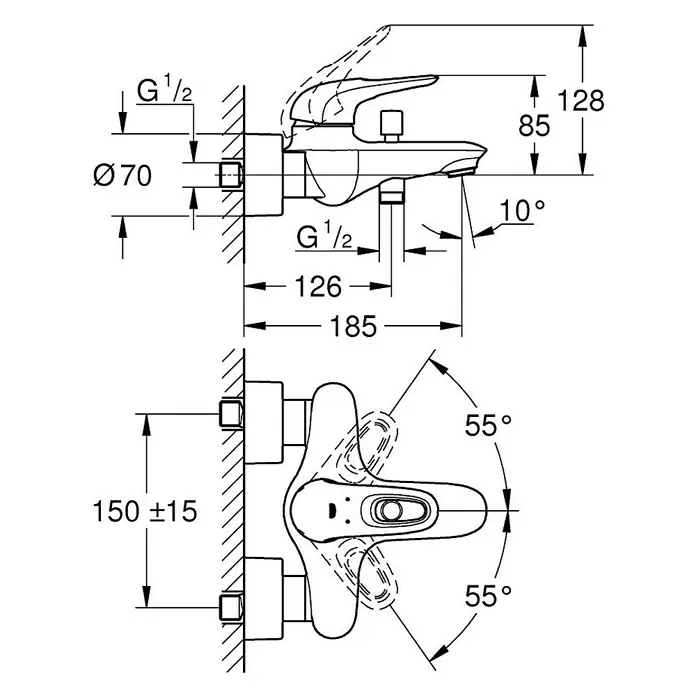 Grohe Eurostyle Badewannenarmatur - Ausladung Armatur: 185 mm, Chrom, Glänzend - Technische Zeichnung einer Armatur mit Maßangaben.