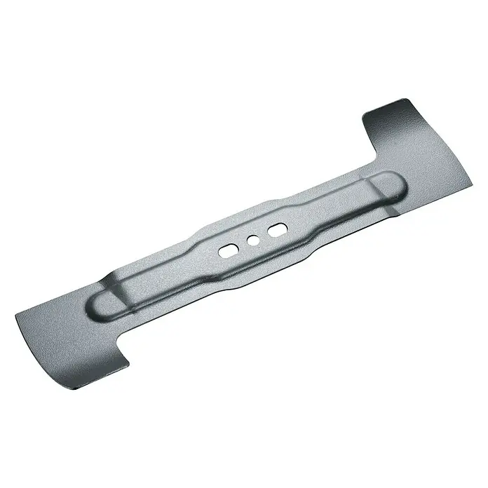 Bosch Ersatzmesser für Rasenmäher - Bosch Rotak Akku-Rasenmäher 32 LI - Ein Rasenmähermesser aus Metall, das zum Schneiden von Gras verwendet wird. Es hat eine längliche Form mit scharfen Klingen an beiden Enden.