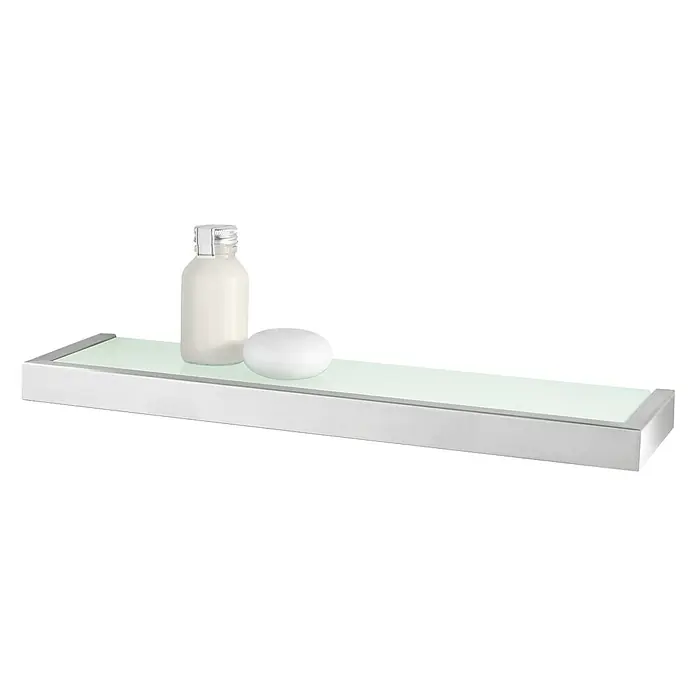 Zack Linea Badablage - Breite: 46,5 cm, Edelstahl, Matt - Hier ist ein modernes Glasregal mit einer Flasche und einem Stück Seife, das eine elegante und funktionale Badezimmerergänzung darstellt.