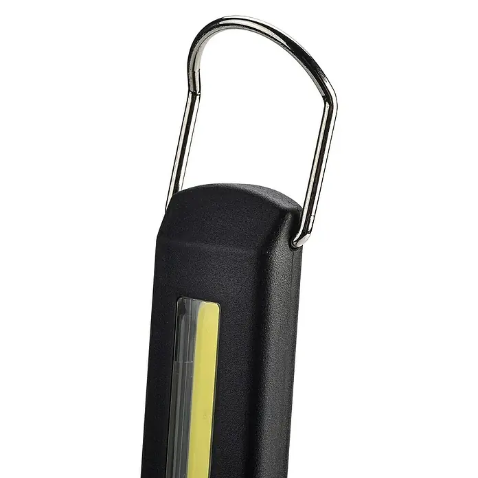 Profi Depot LED-Arbeitsleuchte Slim - Länge: 380 mm, Li-Ionen - Nahaufnahme einer schwarzen Arbeitsleuchte mit einem silbernen Haken, ideal für Werkstatt und Baustelle.