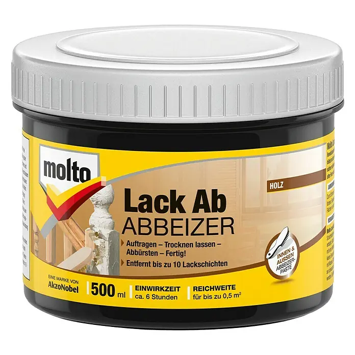 Molto Abbeizer Lack Ab - 500 ml - Produktbild von Molto Lack Ab Abbeizer, einem Abbeizmittel zum Entfernen von bis zu 10 Lackschichten, Inhalt 500 ml.