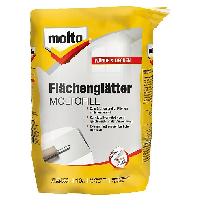 Molto Spachtelpulver Moltofill Flächenglätter - Weiß, 10 kg - Eine Packung Molto Flächenglätter Moltofill zum Glätten von Wänden und Decken im Innenbereich, 10 kg für ca. 10 m² Fläche.