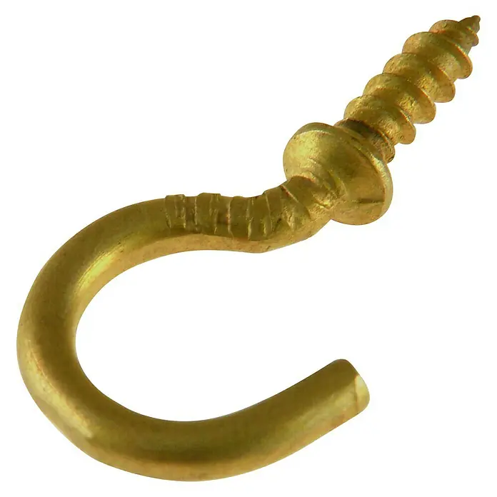 Schraubhaken - Ø x L: 2,6 x 25 mm, 4 Stk., Holzgewinde, Vermessingt, Mit Beffe - Nahaufnahme eines goldenen Schraubhaken, ideal zum Aufhängen von leichten Gegenständen. Perfekt für Heimwerkerprojekte.