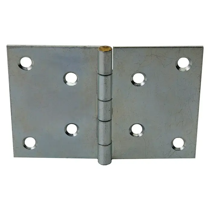 Stabilit Scharnier - B x H: 90 x 60 mm, Verzinkt - Eine silberfarbene Türscharnier mit abgerundeten Ecken und mehreren Löchern ist auf einem weißen Hintergrund abgebildet.