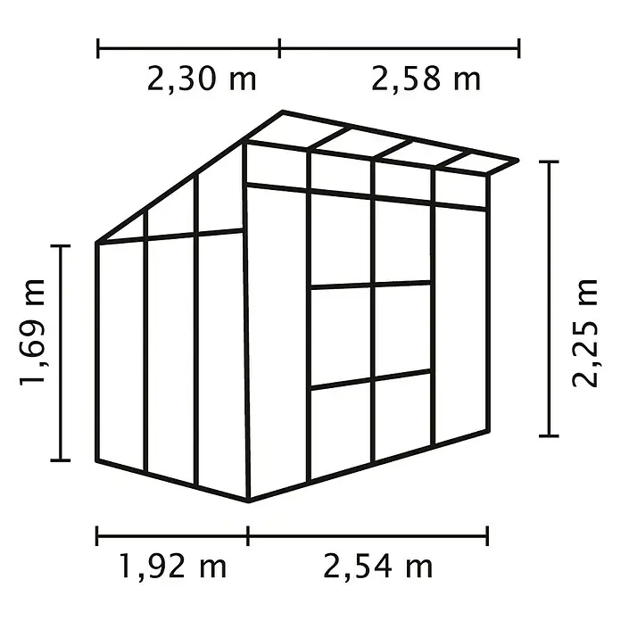 Vitavia Gewächshaus Freya 5900 Plus - Außenmaß inkl. Dachüberstand (B x T): 229 x 258 cm, Material Seitenwand: Kunststoff, Wandstärke: 6 mm, Aluminium - Schemazeichnung eines Gewächshauses mit Höhen- und Breitenangaben in Metern. Gut für die Planung des Gartenbaus.