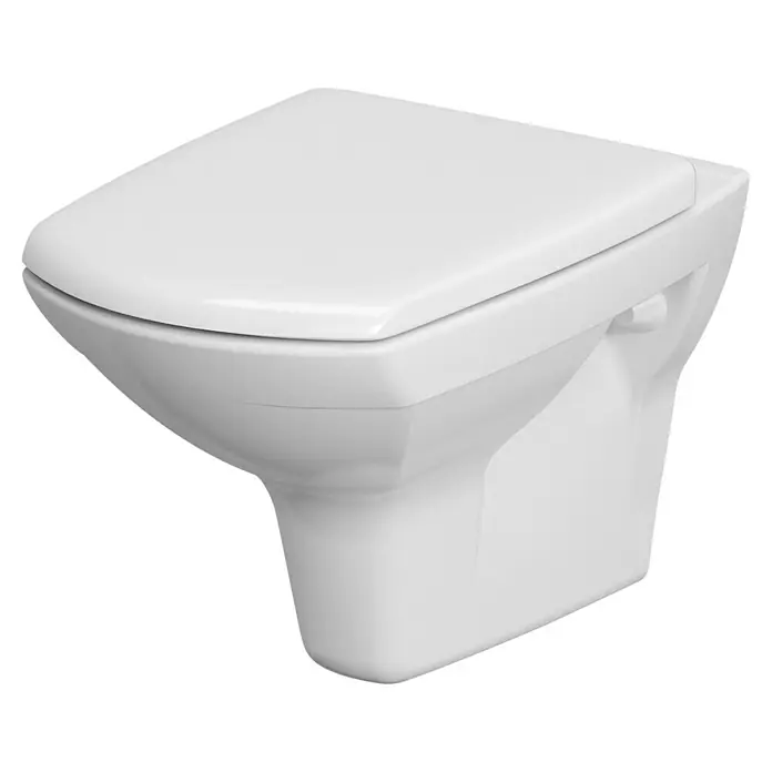 Wand-WC-Set All in One Carina - Spülrandlos, Ohne Spezialglasur, Spülform: Tief, WC Abgang: Waagerecht, Weiß - Nahaufnahme einer modernen, weißen Wandtoilette mit glatter Oberfläche und quadratischem Design. Ideal für stilvolle Badezimmer.