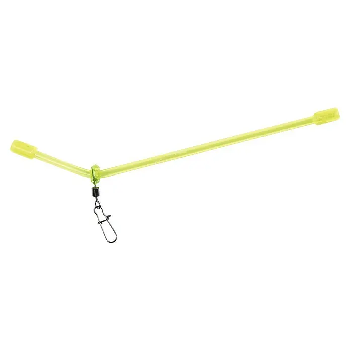 Westline Vorfach Classic Feederboom - Länge: 8,5 cm, 2 Stk. - Nahaufnahme eines gelben Angel-Boom-Equipments mit Wirbel und Clip. Ideal für Angler, die ihre Ausrüstung optimieren wollen.
