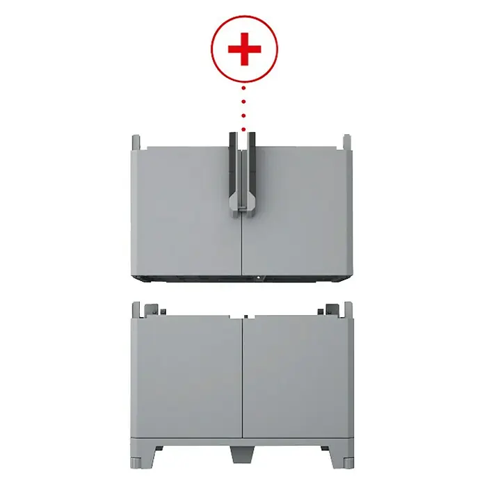 Terry Transforming Armario multiusos de plástico  Modular 2 - L x An x Al: 43,6 x 78 x 101,6 cm - En la imagen se muestra un armario de almacenamiento apilable gris con dos puertas, que ofrece almacenamiento y organización. Ideal para garaje o sótano.