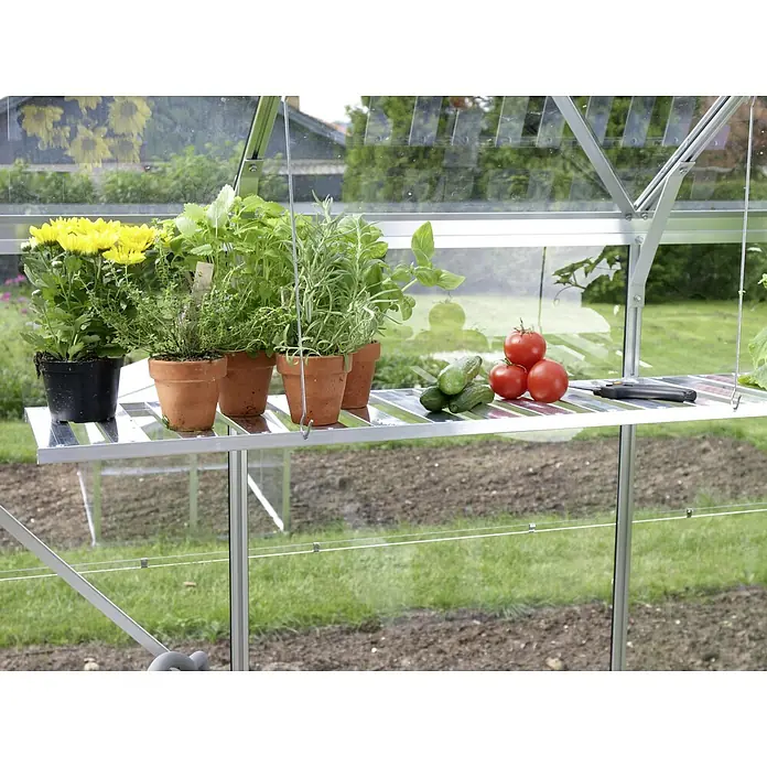 Vitavia Gewächshaus-Regal - Breite: 120 cm, Aluminium - Das Bild zeigt ein Gewächshausregal mit Kräutern, Tomaten und Gurken. Die Pflanzen sind in Tontöpfen und stehen auf einem Regal im Gewächshaus.