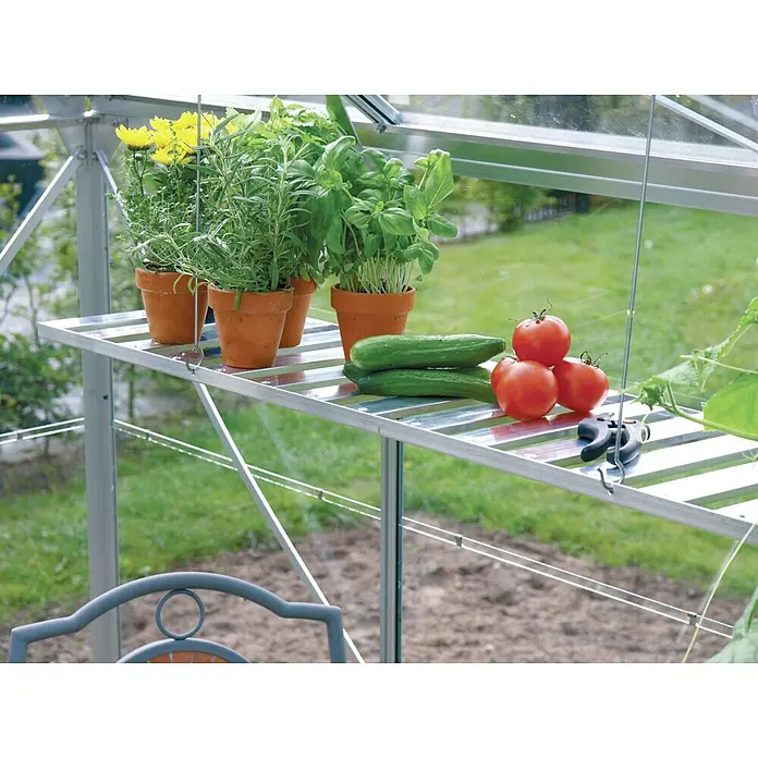 Vitavia Gewächshaus-Regal - Breite: 120 cm, Aluminium - Aufnahme eines Gewächshausregals mit Pflanzen und Gemüse, das die Funktionalität und den Nutzen des Regals hervorhebt.