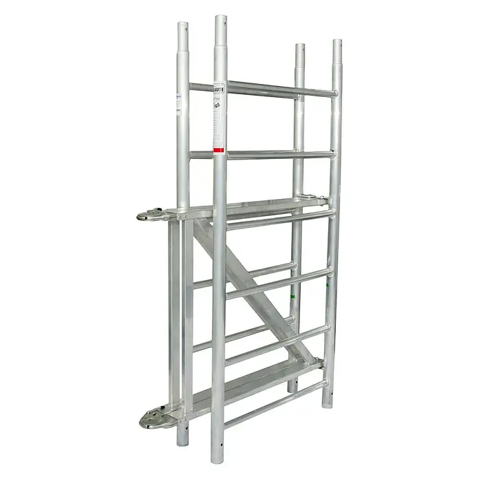 Krause ProTec XS Rahmeneinheit - Arbeitshöhe: 2,9 m, B x L: 0,7 x 2 m - Ein hochauflösendes Bild eines Aluminium-Rollgerüsts, das für Bau- und Wartungsarbeiten entwickelt wurde und auf einem weißen Hintergrund steht.