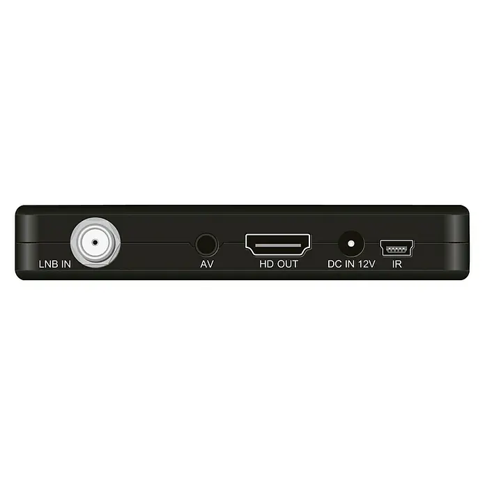Megasat HDTV-Sat-Receiver Stick 310 V3 - 1.920 x 1.080 Pixel (Full HD), HDMI-Eingang, L x B x H: 65 x 108 x 18 mm - Rückansicht eines TV-Receivers mit Anschlüssen für LNB, AV, HDMI, DC 12V und IR.
