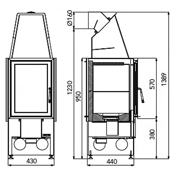 Haas+Sohn Kaminofeneinsatz Esprit-IV 185.16 - 7 kW, Raumheizvermögen: 180 m³, Schwarz - Abbildung eines Kaminofens mit Maßen. Der Kaminofen ist mit einer Tür und einem hohen Rauchabzug ausgestattet.