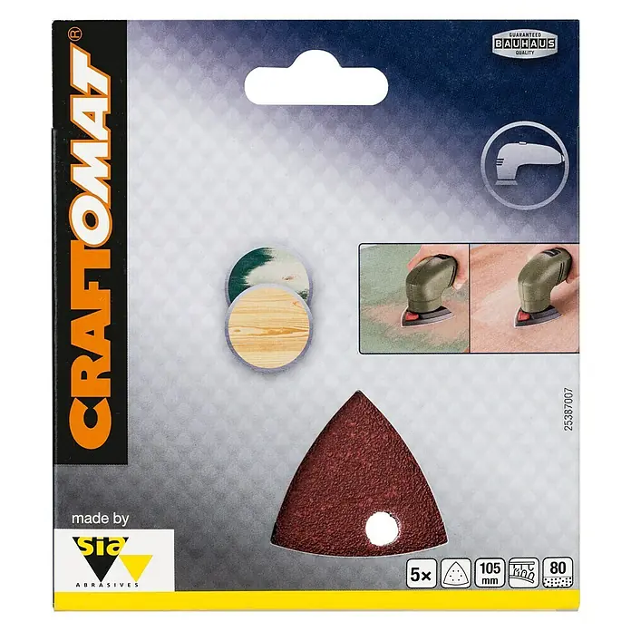 Craftomat Papel de lija Delta - An x L: 105 x 105 mm, Grano: 80 mm, 5 ud., Madera - Imagen de un paquete de papel de lija Craftomat, con hojas de lija triangulares diseñadas para trabajos de detalle con lijadoras.