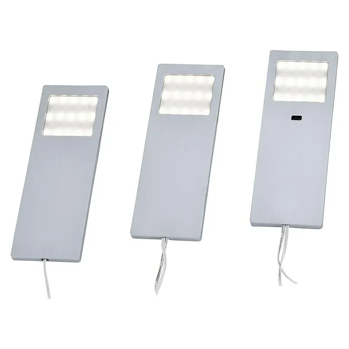 Paul Neuhaus LED-Unterbauleuchten-Set - 6 W, Länge: 190 mm, Warmweiß, Matt, 3 Stk. - Das Bild zeigt drei LED-Unterbauleuchten mit rechteckigem Design und hellen LED-Leuchten. Die Leuchten sind in einem hellen Farbton gehalten.