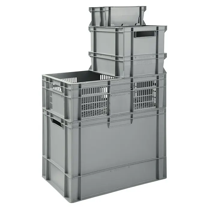 BAUHAUS Caja Euro - 40 l, L x An x Al: 60 x 40 x 20 cm, Gris, Abierta - Contenedores de plástico gris apilados con asas y paredes laterales perforadas, ideales para el almacenamiento y transporte de mercancías.
