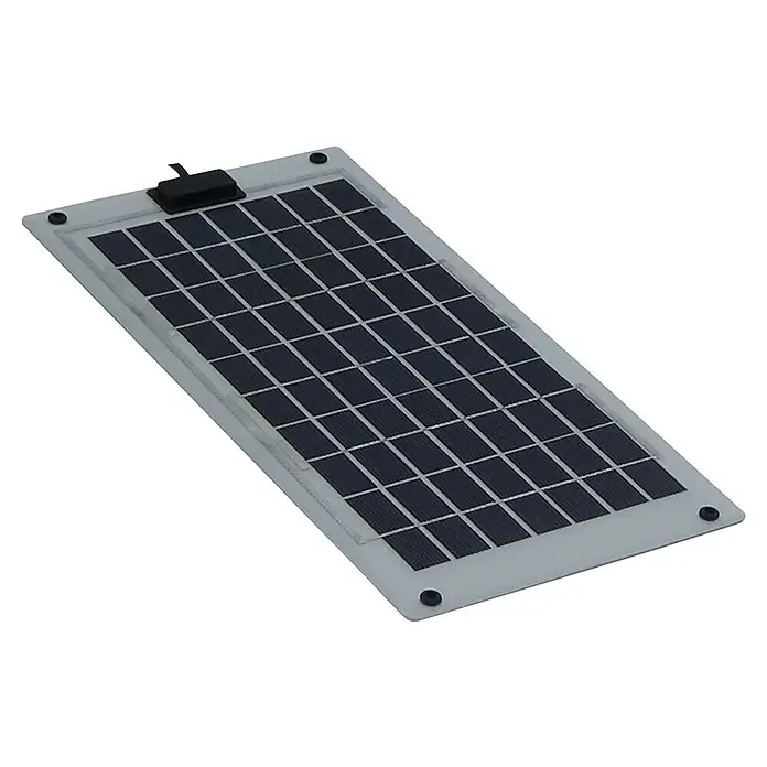 Sunset Solarmodul-Set Laminat - Nennleistung: 10 W, Für Booten, Yachten und Wohnmobilen - Eine rechteckige Solarzelle mit vielen kleinen Solarzellen und einem hellgrauen Rahmen für die Stromerzeugung.