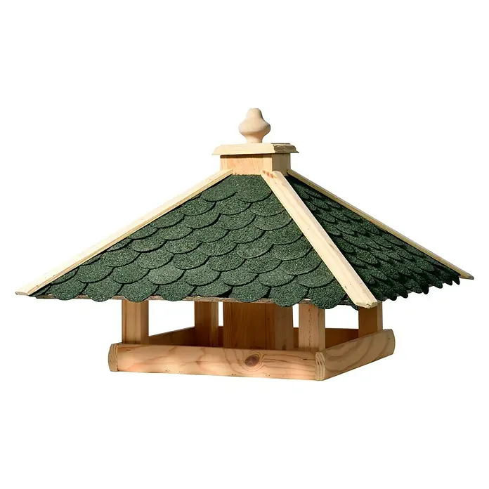 Dobar Vogelhaus - 54 x 54 x 38 cm, Ausführung: Mit Dachschindeln - Dieses Bild zeigt ein stilvolles Vogelhaus mit einem grünen Schindeldach und einer hölzernen Basis, das eine ideale Ergänzung für jeden Garten darstellt.