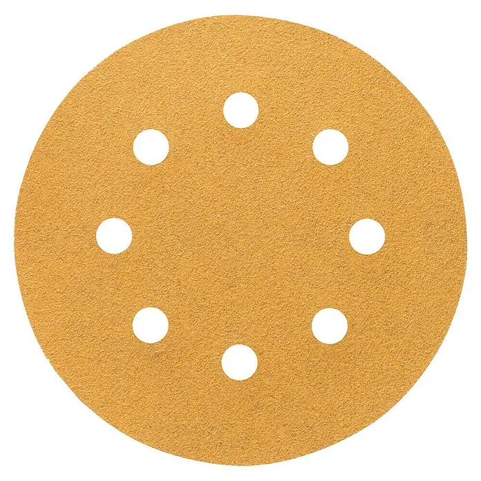 Craftomat Schleifblätter BFWP - Durchmesser: 115 mm, Körnung: 120, Gelocht - Ein kreisförmiges Schleifpapier mit acht Löchern, geeignet für Schleifmaschinen.
