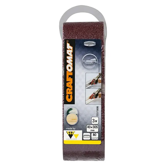 Craftomat Lija de banda - L x An: 305 x 40 mm, Grano: 80, 3 ud. - Juego de papel de lija Craftomat, 3 unidades, 40x305 mm, grano 80, ideal para lijar madera y otros materiales.