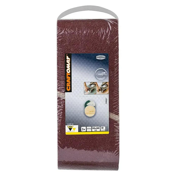 Craftomat Lija de banda - L x An: 560 x 100 mm, Grano: 60, 3 ud. - Un paquete de bandas de lija CRAFTOMAT, ideal para superficies de madera, con grano 60 y dimensiones de 100 x 560 mm.