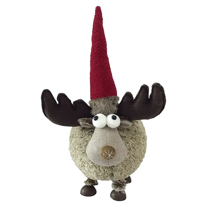 Dekofigur mit Wackeleffekt - L x B x H: 26 x 25 x 53 cm, Textil - Niedlicher Elch mit roter Mütze und großen Kulleraugen, ein dekoratives Stofftier für die Weihnachtszeit.