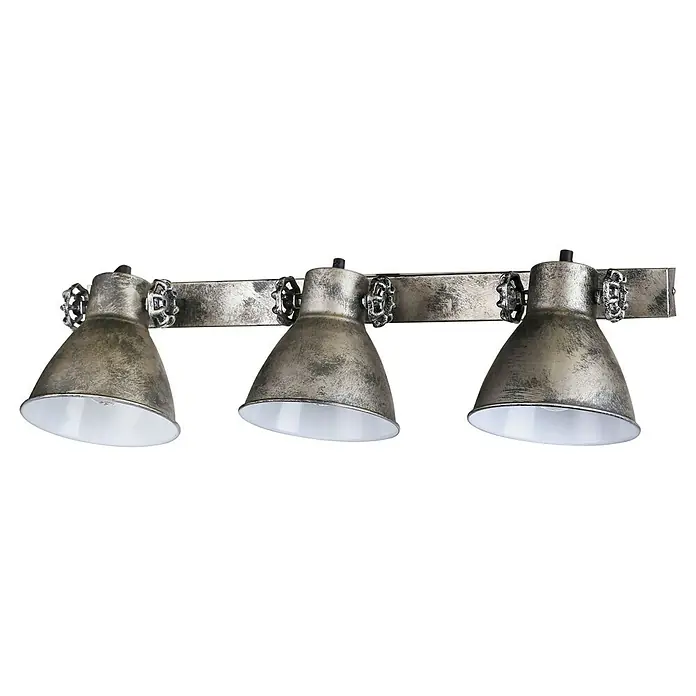 Tween Light Deckenstrahler Annata - Durchmesser: 160 mm - Vintage Industrieleuchte mit drei Strahlern. Die Lampen sind an einer silbernen Metallschiene mit dekorativen Ventilen befestigt.