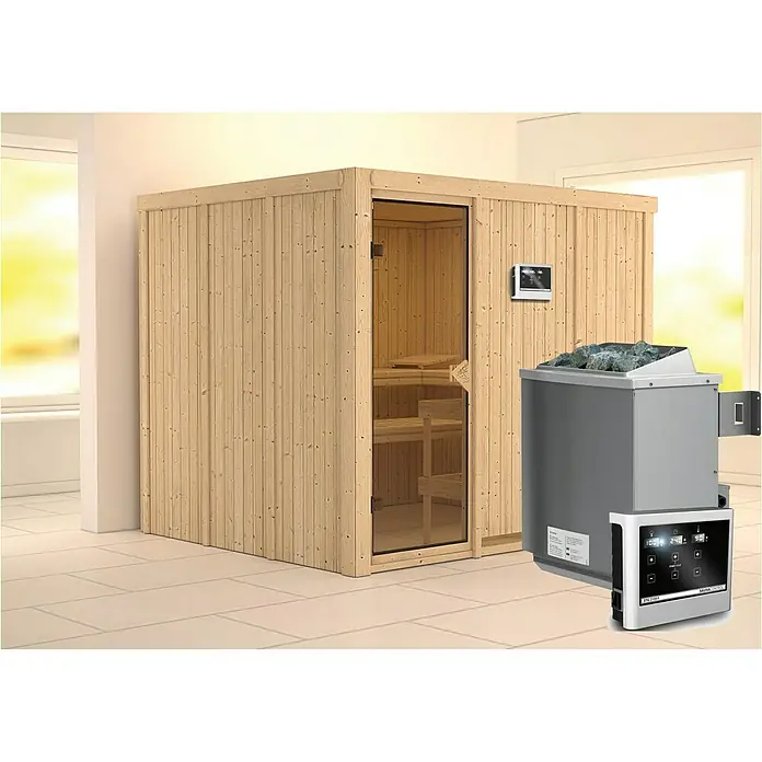 Karibu Elementsauna Gobin - Mit 9 kW Ofen mit externer Steuerung, Ohne Dachkranz, L x B x H: 231 x 196 x 192 cm - Sauna mit Holzverkleidung, Glastür und einem Ofen mit Steinen im Vordergrund.