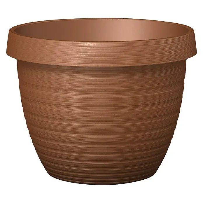 Scheurich Country Star Pflanztopf - Außenmaß (Ø x H): 25 x 18,6 cm, Kunststoff, Terracotta - Nahaufnahme eines braunen Blumentopfs aus Kunststoff mit horizontalen Rillen, ideal für den Garten oder Innenbereich.