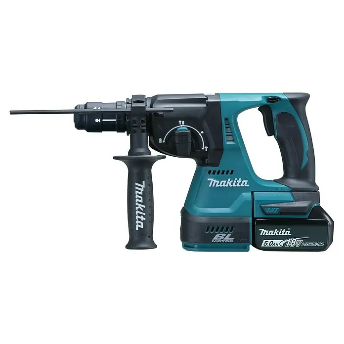 Makita LXT 18V Akku-Kombihammer DHR243RTJ - 18 V, 2 Akkus, 5 Ah, 2 J, Ohne Staubabsaugung - Akku-Bohrhammer von Makita mit Zusatzhandgriff und 18V Akku für kraftvolle Bohr- und Meißelarbeiten.