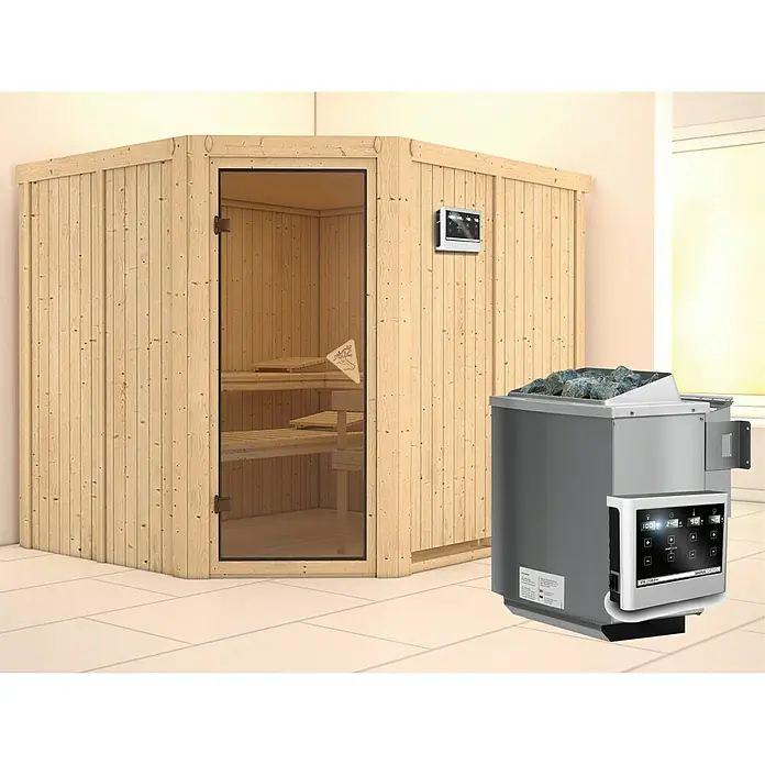 Karibu Elementsauna Malin - Mit 9 kW Bio-Ofen mit externer Steuerung, Ohne Dachkranz, L x B x H: 231 x 196 x 192 cm - Abbildung einer Sauna mit einem eleganten Ofen und einer Steuerung. Die Holzdetails der Sauna strahlen Wärme aus.