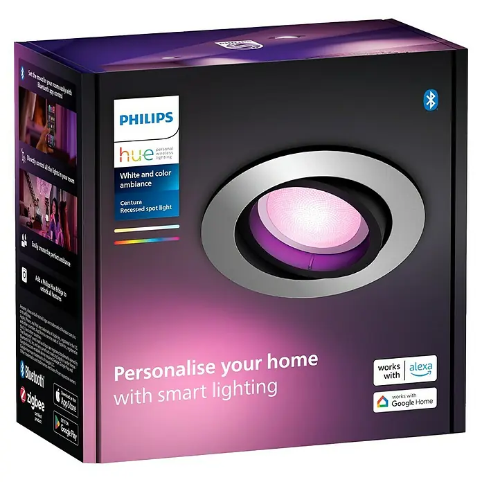 Philips Hue LED-Einbauspot White & Color Ambiance Centura - RGBW, Durchmesser: 9 cm, Farbe Gehäuse: Alu - Bild der Philips Hue Centura LED-Einbauleuchte mit Farbwechselfunktion in der Produktverpackung, steuerbar per Bluetooth oder Hue Bridge.