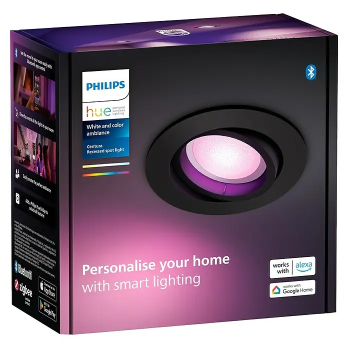 Philips Hue LED-Einbauspot White & Color Ambiance Centura - RGBW, Durchmesser: 9 cm, Farbe Gehäuse: Schwarz - Produktverpackung für Philips Hue Centura LED-Einbaustrahler mit Farbwechsel und Bluetooth-Steuerung zur individuellen Beleuchtung des Zuhauses.