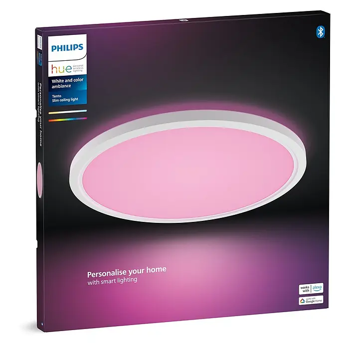 Philips Hue LED-Panel rund White & Color Ambiance Tento XL - 25 W, Ø x H: 54,2 x 3,56 cm, Weiß, RGBW - Die Verpackung der Philips Hue Teno Slim Deckenleuchte in Weiß und Farbe, die sich smart steuern lässt.