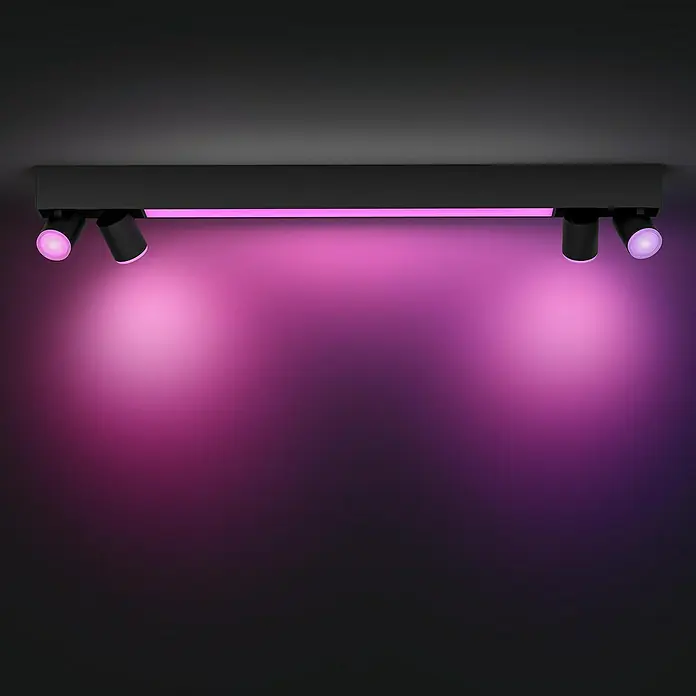 Philips Hue LED-Deckenstrahler White & Color Ambiance Centris - 42,1 W, L x B x H: 8,5 x 99 x 12,7 cm, Schwarz, RGBW, 5 Stk. - Moderne Deckenleuchte mit mehreren Strahlern, die ein stimmungsvolles violettes Licht erzeugen. Ideal für Wohnräume oder zur Akzentuierung von Kunstwerken.