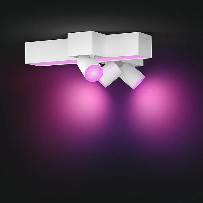 Philips Hue LED-Deckenstrahler White & Color Ambiance Centris Cross - 62,8 W, L x B x H: 33,6 x 40,8 x 12,7 cm, Weiß, RGBW - Moderne, weiße Deckenleuchte mit drei schwenkbaren Strahlern, die ein stimmungsvolles, pinkfarbenes Licht erzeugen. Elegantes Design für jeden Raum.