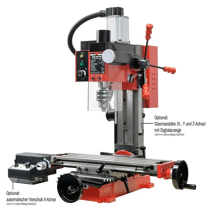 Rotwerk Bohr- & Fräsmaschine EFM 200 BL plus - Leistung: 500 W, Drehzahl: 100 U/min - 2.500 U/min - Eine rote und graue Rotwerk EFM 200 BL Fräsmaschine mit optionalem Zubehör, wie automatischem Vorschub und Glasmaßstäben.
