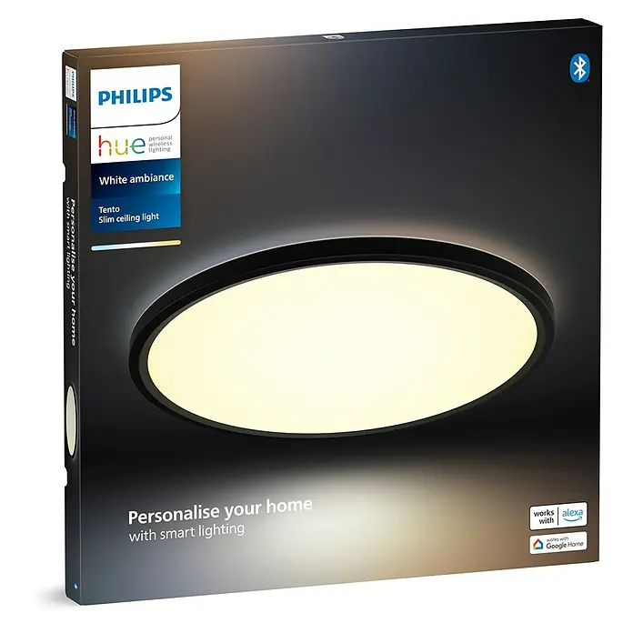 Philips Hue LED-Panel rund White Ambiance Tento M - 23 W, Ø x H: 42,1 x 3,07 cm, Schwarz, Kaltweiß - Philips Hue Tecto Slim Deckenleuchte White Ambiance Verpackung. Die smarte Lampe, die sich deinem Leben anpasst und leicht zu montieren ist.