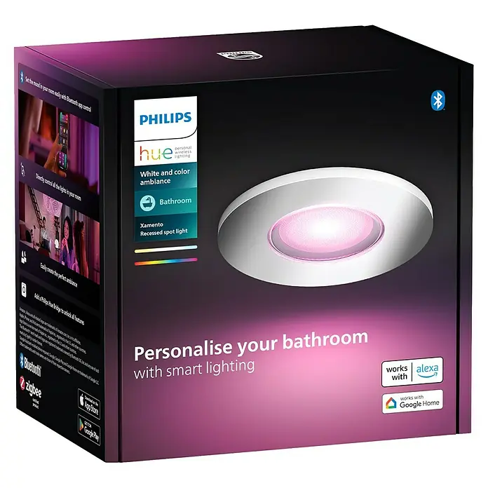 Philips Hue LED-Einbauspot White & Color Ambiance Xamento - RGBW, Durchmesser: 9,4 cm, Silber - Produktverpackung für Philips Hue Xamento LED-Einbaustrahler mit Farbwechsel für das Badezimmer.