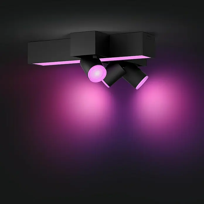 Philips Hue LED-Deckenstrahler White & Color Ambiance Centris Cross - 62,8 W, L x B x H: 33,6 x 40,8 x 12,7 cm, Schwarz, RGBW - Einrichtung mit stilvollen schwarzen LED-Strahlern, die in lebendigem Pink leuchten und eine moderne Atmosphäre schaffen.