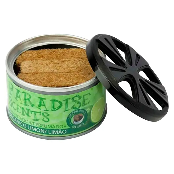 Ambientador de coche - Limón - Lata de aroma con aroma a limón y lima. La lata contiene una almohadilla de aroma y una tapa negra con recortes para la distribución de la fragancia.