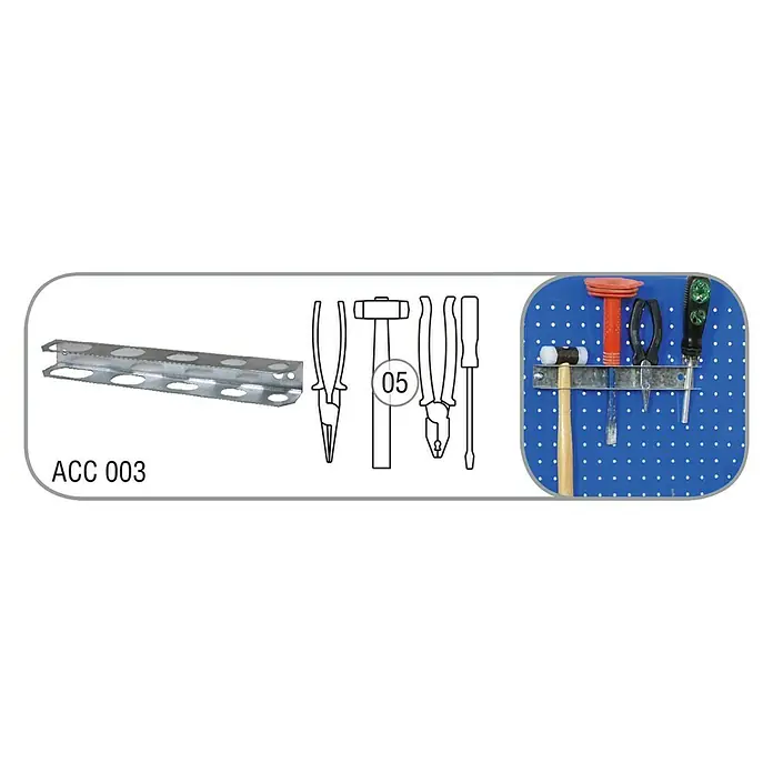 Simonrack Panelclick Soporte portaherramientas ACC 003 - Apto para: Herramientas de mano - Surtido de herramientas: Una selección versátil de herramientas para diversas tareas, presentada de forma ordenada.